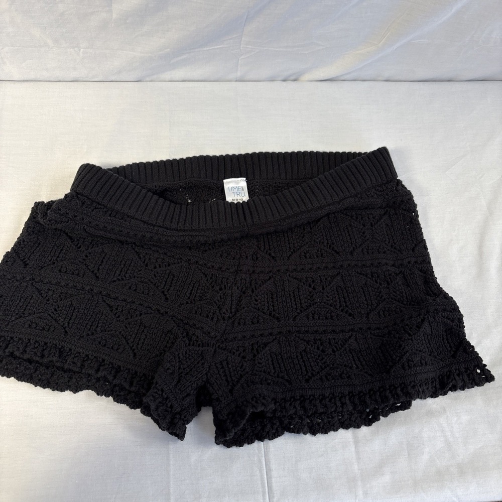 Time and Tru Women Black Boho Knit Shorts Medium 8-10 Pull On High Rise